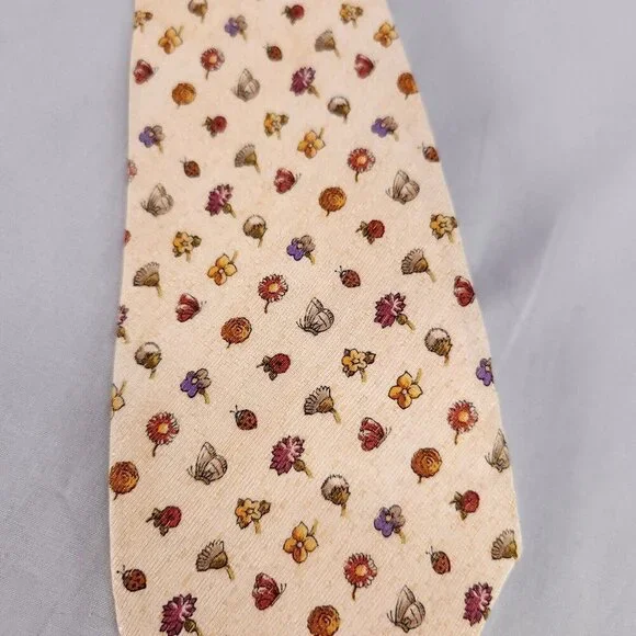 Salvatore Ferragamo Mens Silk Linen Necktie Designer Tie Beige Flowers Ladybug - Picture 3 of 10